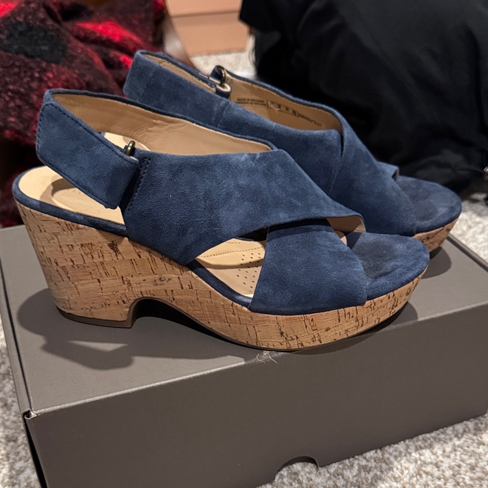 Clarks Navy Suede Wedge Sandals